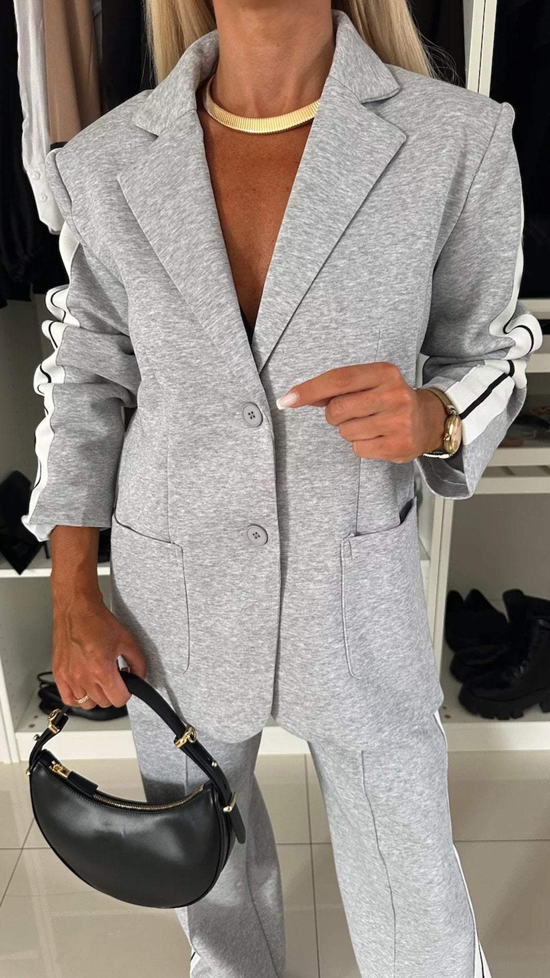Ensemble Décontracté à Simple Boutonnage pour Femme – Veste Lâche à Rayures et Pantalon Large