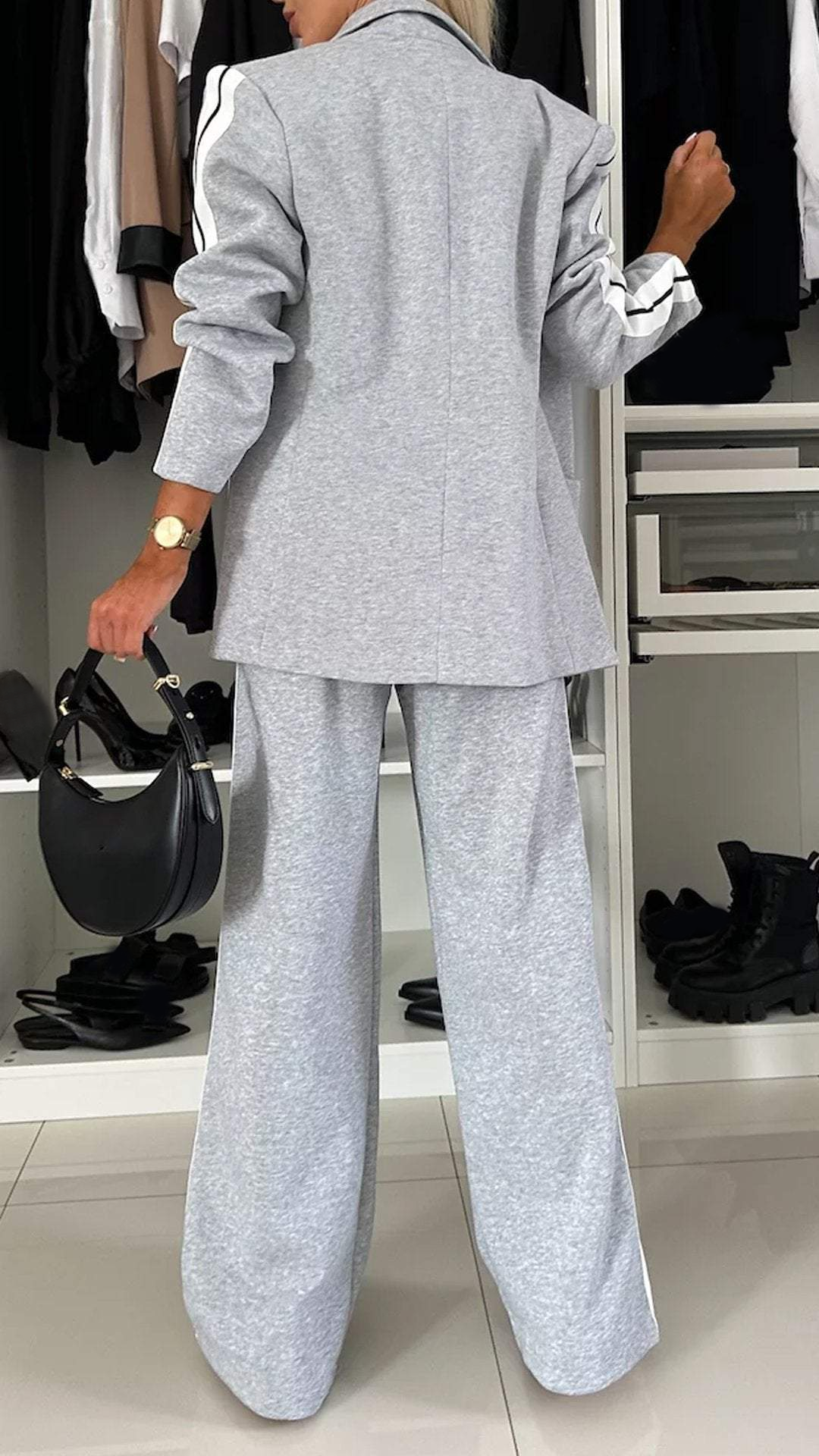 Ensemble Décontracté à Simple Boutonnage pour Femme – Veste Lâche à Rayures et Pantalon Large