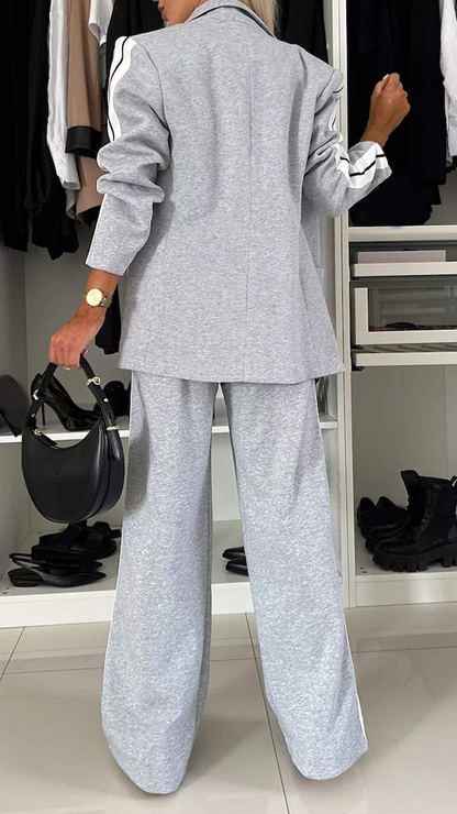 Ensemble Décontracté à Simple Boutonnage pour Femme – Veste Lâche à Rayures et Pantalon Large