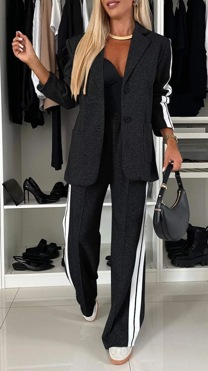 Ensemble Décontracté à Simple Boutonnage pour Femme – Veste Lâche à Rayures et Pantalon Large