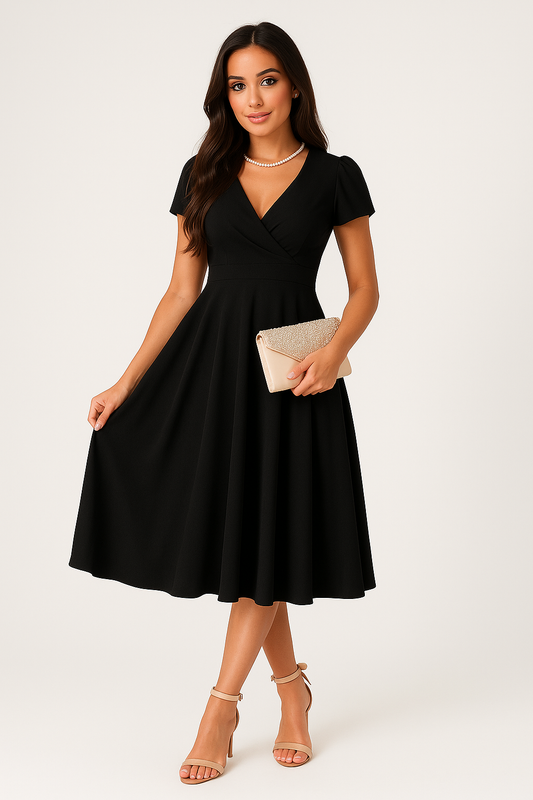 Robe Midi Élégante Plissée pour Femme – Robe Cintrée à Col V et Manches Courtes