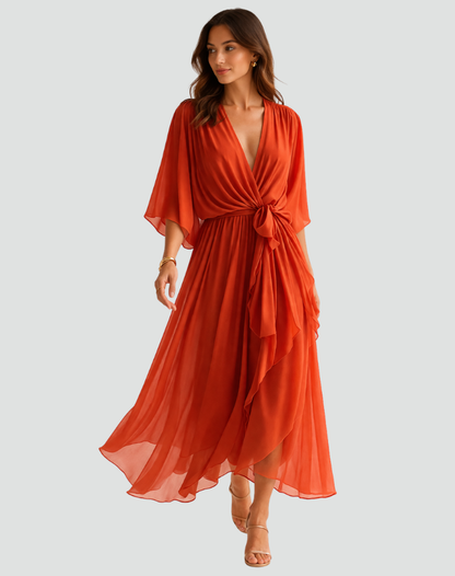 Robe midi femme portefeuille a nouer - Fluide et elegante
