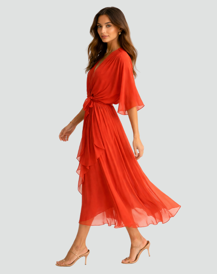 Robe midi femme portefeuille a nouer - Fluide et elegante