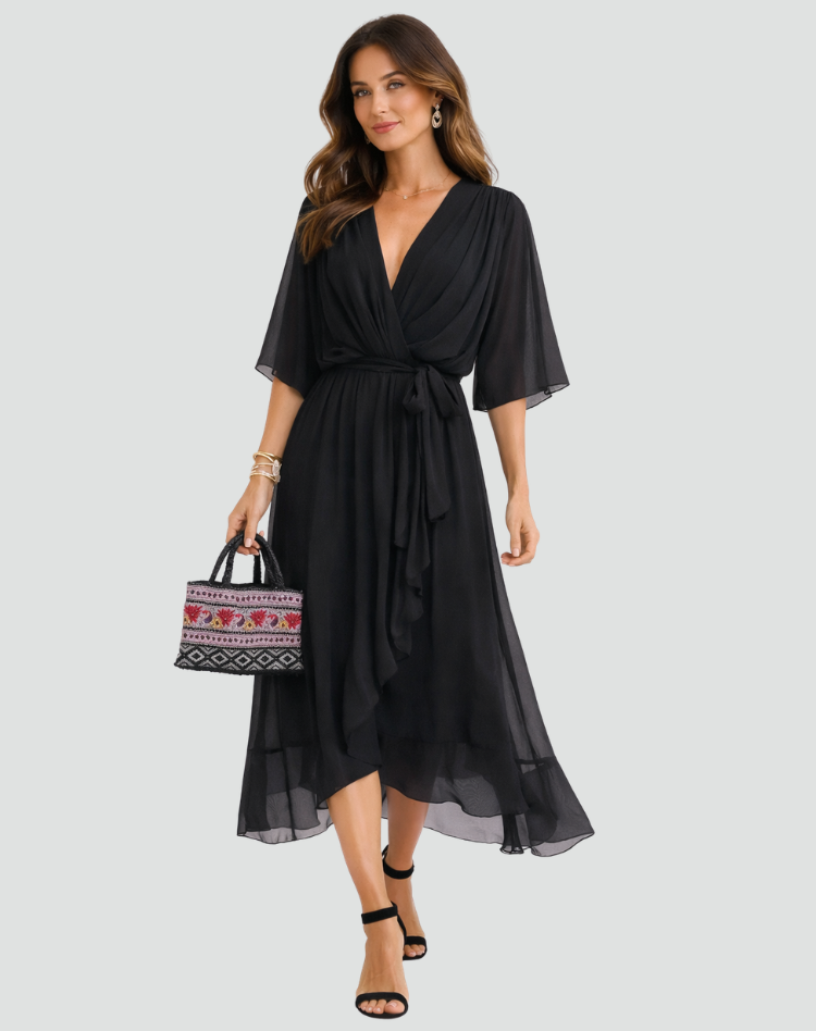 Robe midi femme portefeuille a nouer - Fluide et elegante