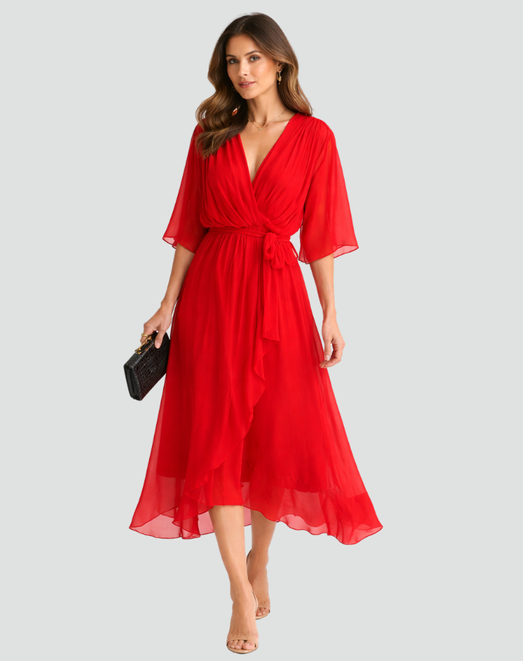 Robe midi femme portefeuille a nouer - Fluide et elegante
