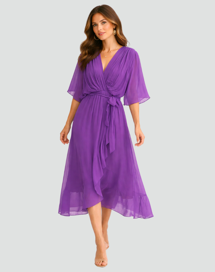 Robe midi femme portefeuille a nouer - Fluide et elegante