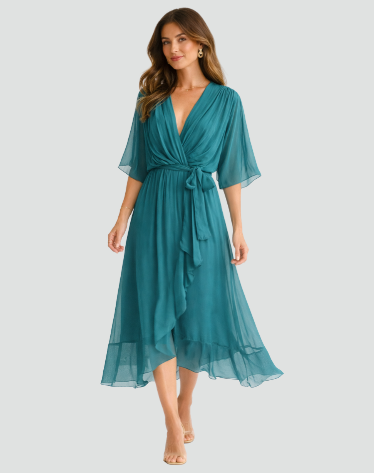 Robe midi femme portefeuille a nouer - Fluide et elegante