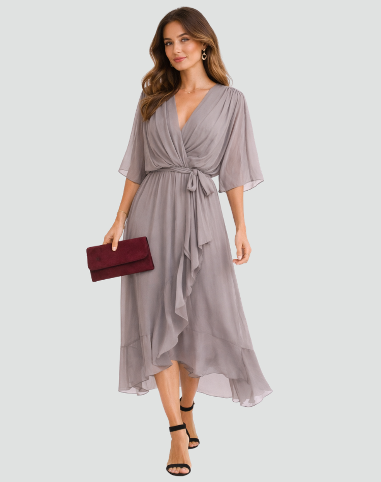 Robe midi femme portefeuille a nouer - Fluide et elegante