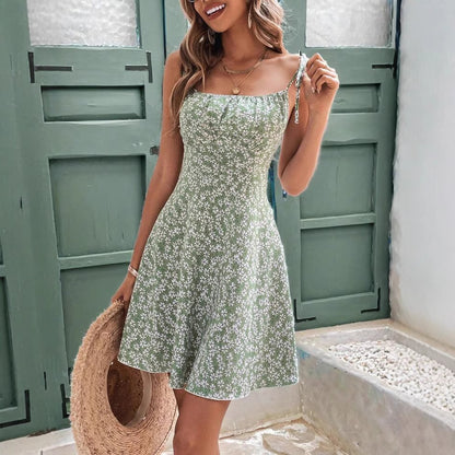 Robe d'été courte verte à fleurs pour femme – Élégante robe de plage à fines bretelles