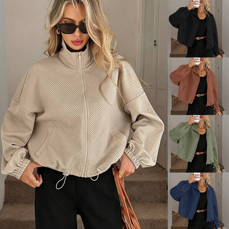 Women's stand-collar zip-up jacket – Loose fit, drawstring hem, casual fall-winter style