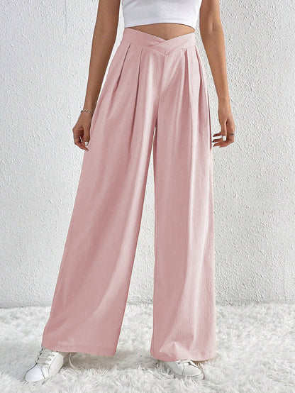Pantalon Large Plissé Taille Haute Femme – Style Décontracté d’Été