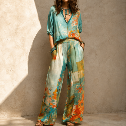 Ensemble femme imprime floral pantalon ample - Chic et raffine