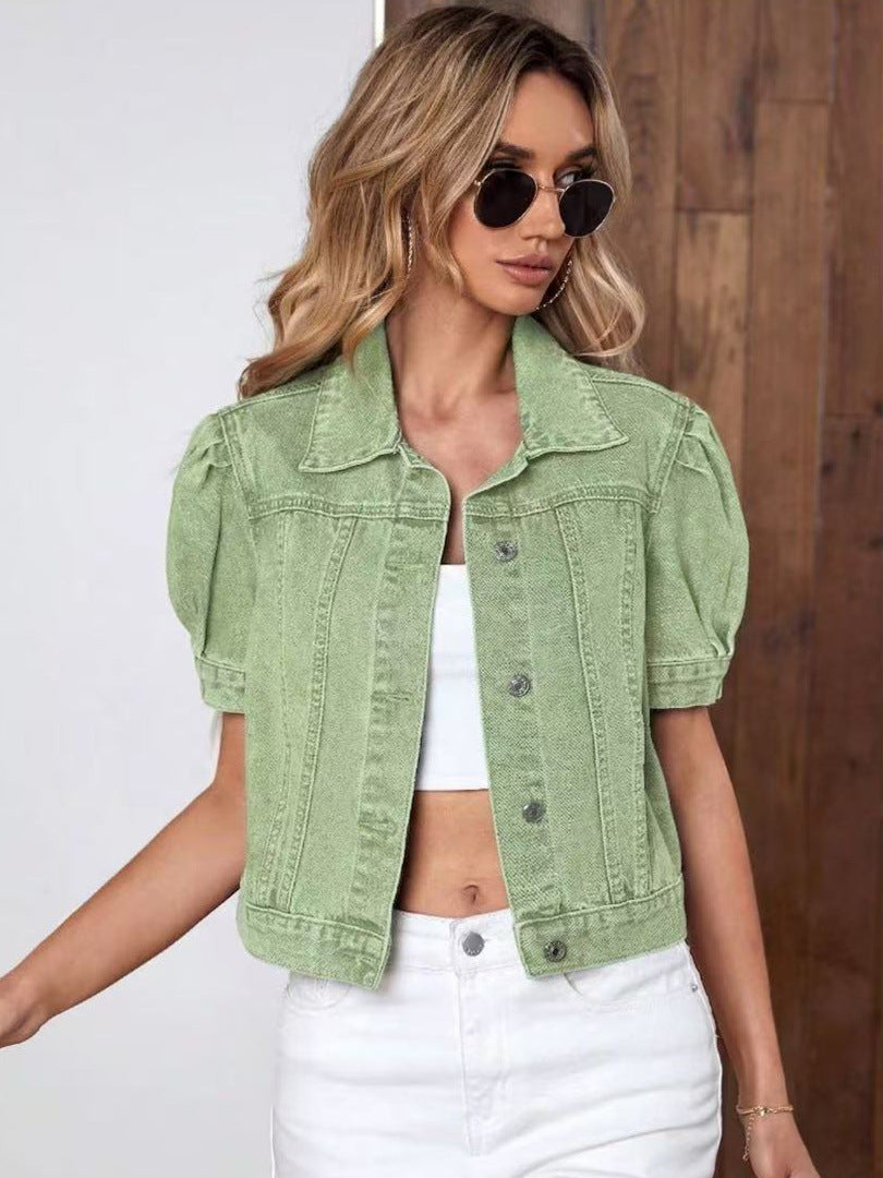 Veste en jean femme à manches bouffantes style rétro