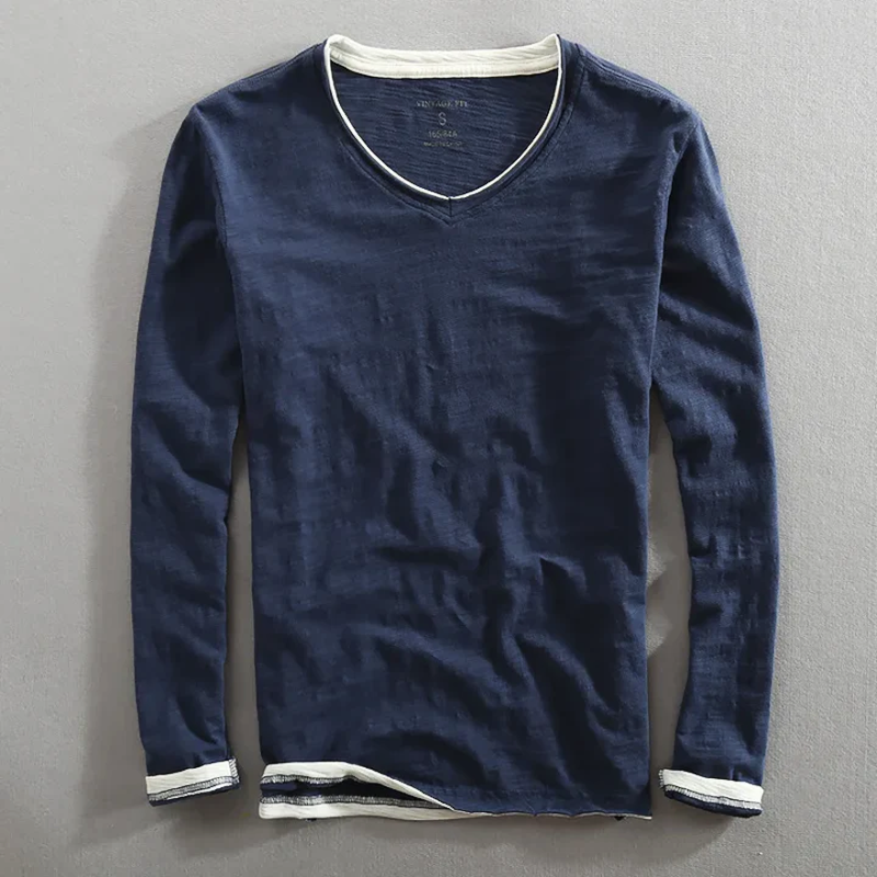 T-shirt Homme Décontracté en Coton Col V Manches Longues – Tee-Shirt Basique Confortable