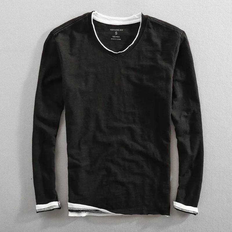 T-shirt Homme Décontracté en Coton Col V Manches Longues – Tee-Shirt Basique Confortable