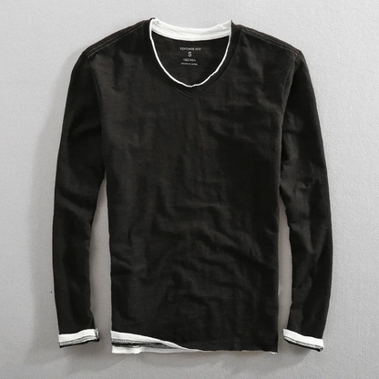 T-shirt Homme Décontracté en Coton Col V Manches Longues – Tee-Shirt Basique Confortable