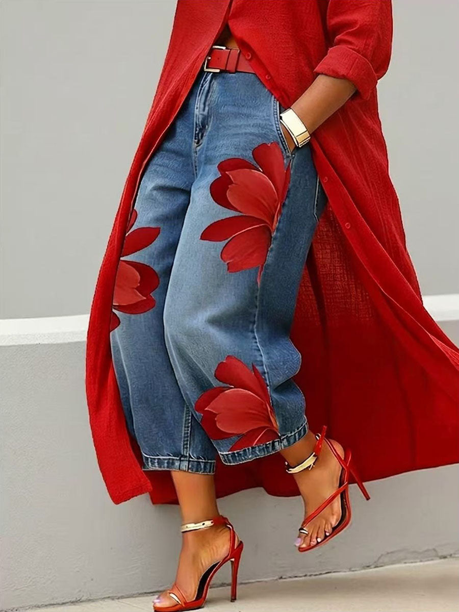 Jean femme jambe large a fleurs - Original et decontracte