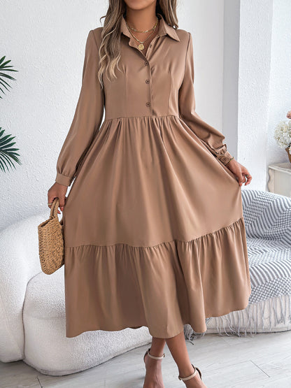 Robe Chemise à Volants Femme – Coupe Relaxed, Manches Longues Midi Élégante