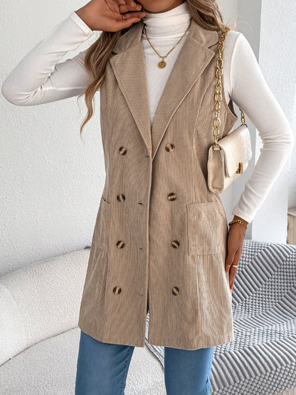 Veste-gilet longue en velours côtelé unie pour femme – Modèle décontracté à double boutonnage et poches, idéal pour jouer les superpositions
