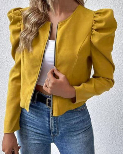 Cardigan da donna - Scollo rotondo, chiusura con cerniera e maniche a sbuffo