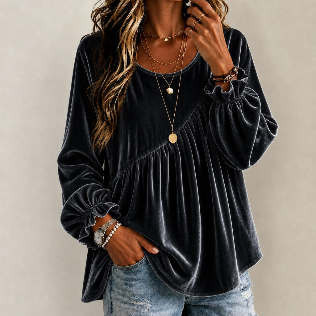 Top de mujer de terciopelo con cuello redondo y volantes – estilo elegante y corte holgado