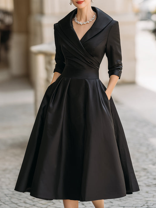 Robe midi élégante trapèze pour femme – Style plissé vintage et formel