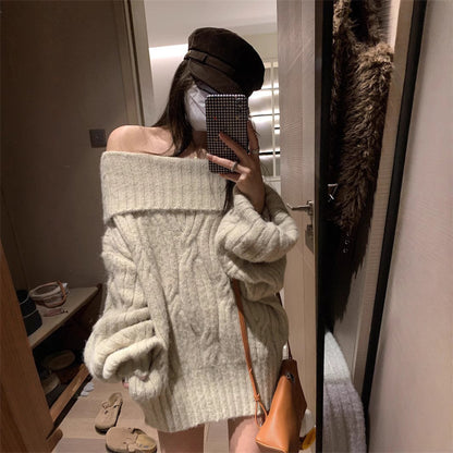 Pull femme en maille effet vison synthétique épaules dénudées – Style doux, douillet et élégant