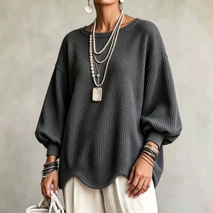 Women's top - Round neck, puff sleeves, and wavy hem