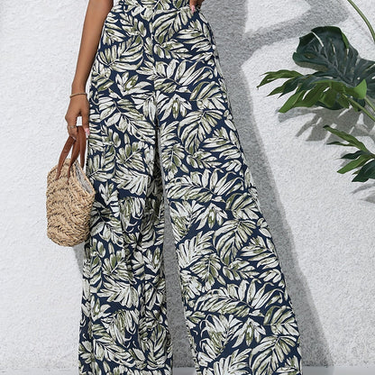 Pantalon large en coton imprimé floral bohème pour femmes - Taille haute, ceinture élastique, pantalon long de plage pour vacances d'été, style décontracté élégant