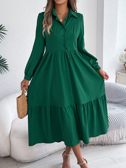 Robe Chemise à Volants Femme – Coupe Relaxed, Manches Longues Midi Élégante