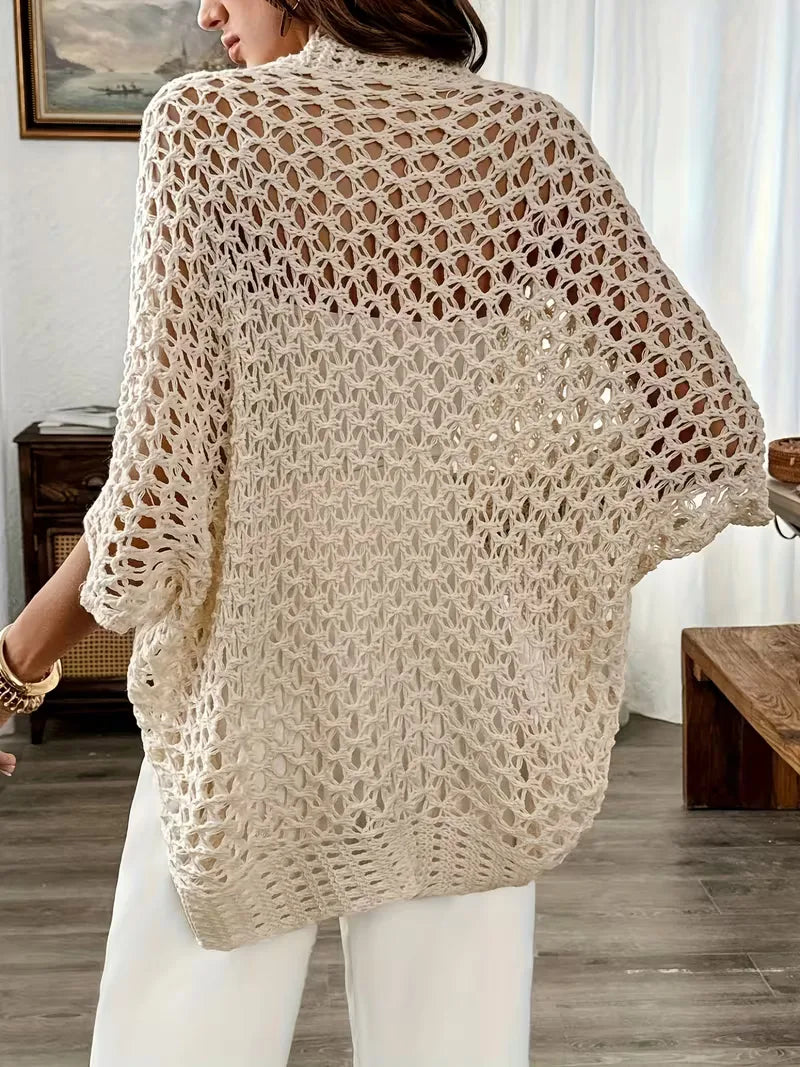 Women’s Crochet Cardigan – Light Beige Openwork Knit Layer