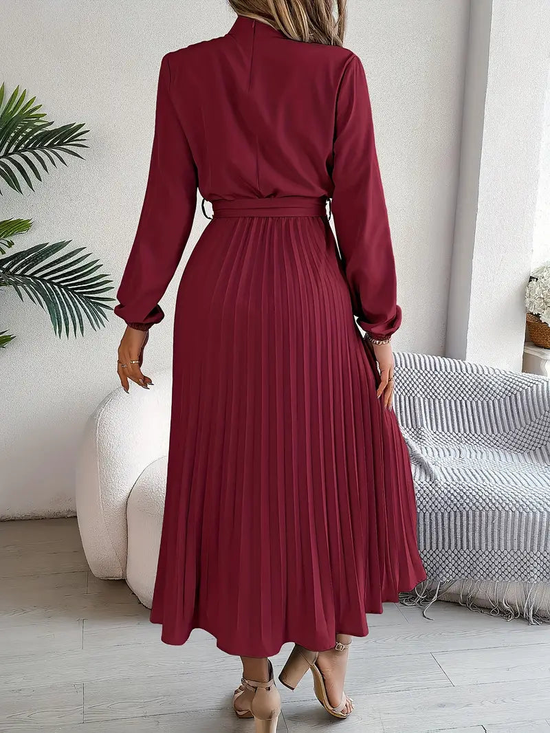 Robe Midi Femme Élégante Plissée Ceinturée – Manches Longues Style A-Line