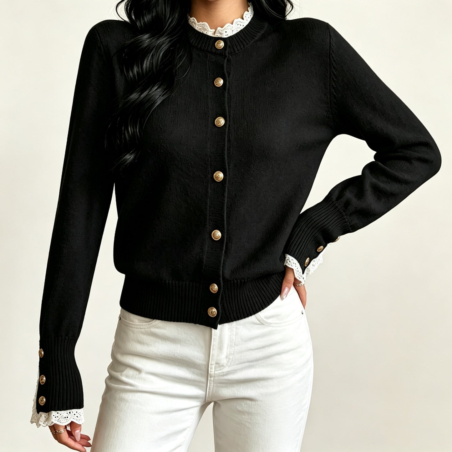 Jersey de punto de encaje para mujer con cuello redondo - Elegante y cómodo
