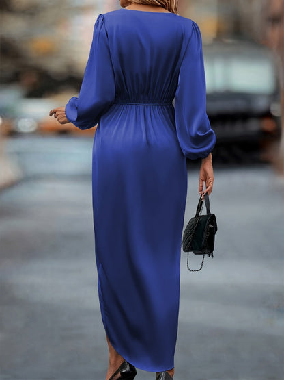Robe élégante en satin à manches ballon et ourlet asymétrique pour femme – Robe de soirée fluide mi-longue flatteuse invitée