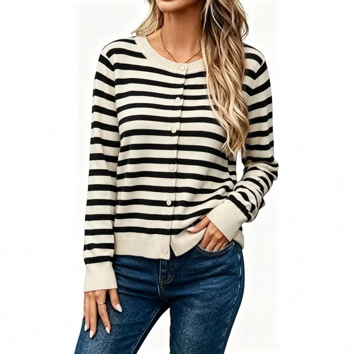 Cardigan da donna in maglia a righe con maniche lunghe – Vestibilità ampia, stile casual e confortevole