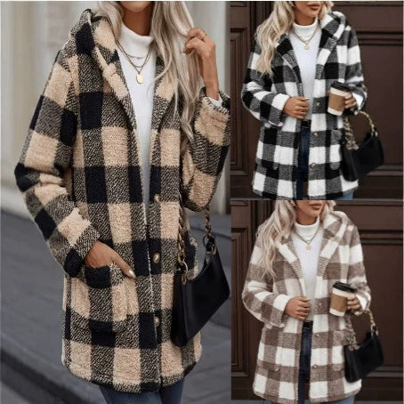 Manteau a carreaux femme avec poches - Chaud et retro