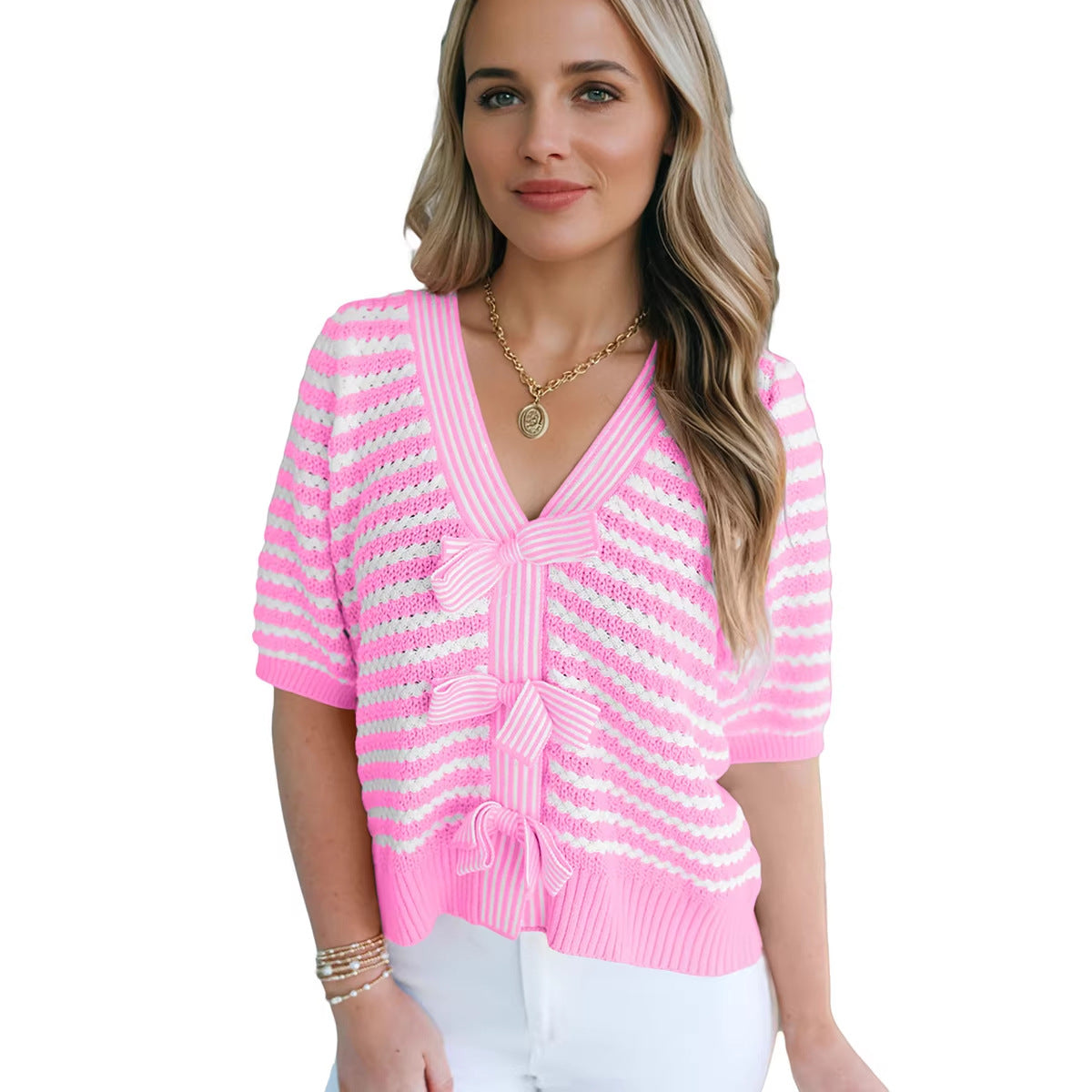 Soft and Original Short-Sleeve V-Neck Pullover with Bows