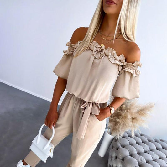 Women's off-shoulder jumpsuit – Chic ruffled jumpsuit with a tied waist