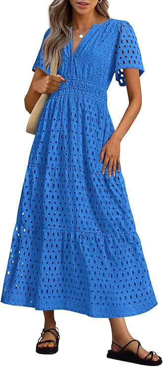 Robe Longue Fluide de Vacances à la Plage pour Femme – Style Col en V à Manches Courtes Eyelet