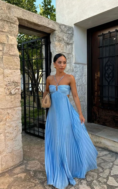 Vestido plisado sin mangas para mujer, de talle alto y espalda descubierta