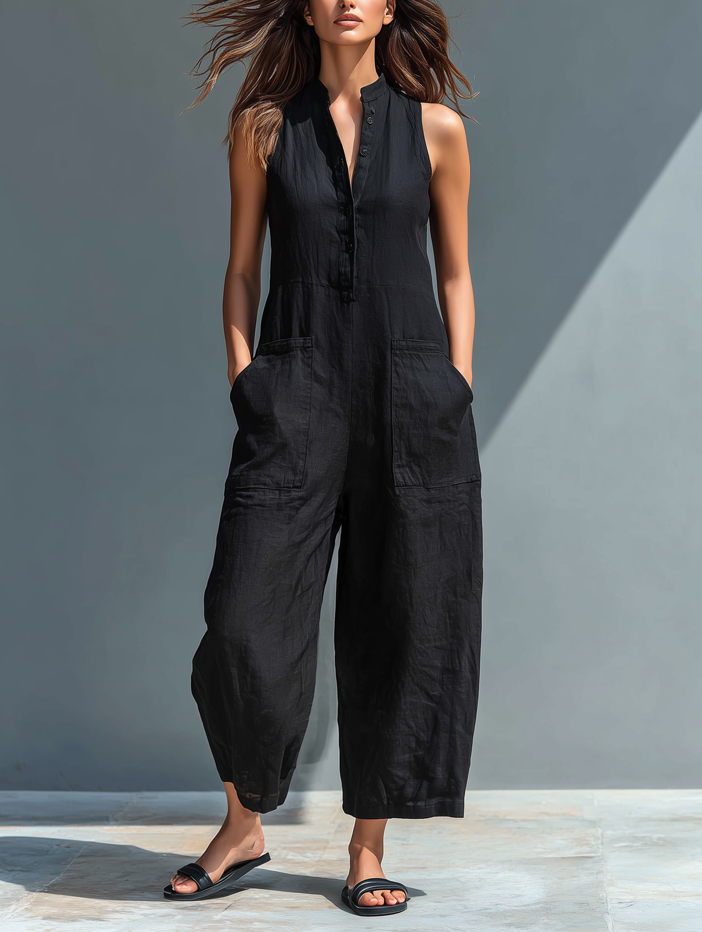 Combinaison femme sans manches en melange de lin - Minimaliste et moderne