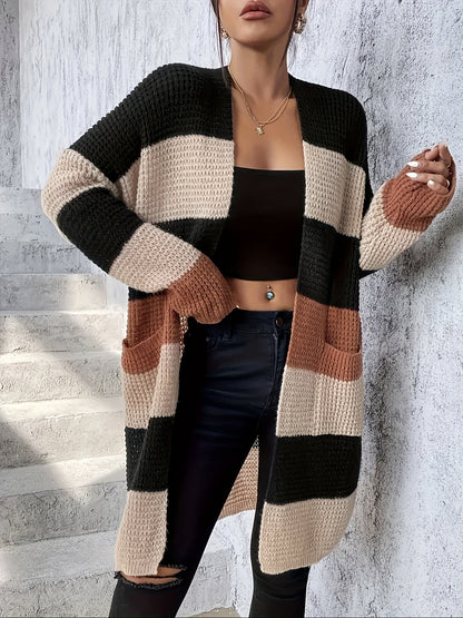 Women's long color-block cardigan - Modern and comfortable