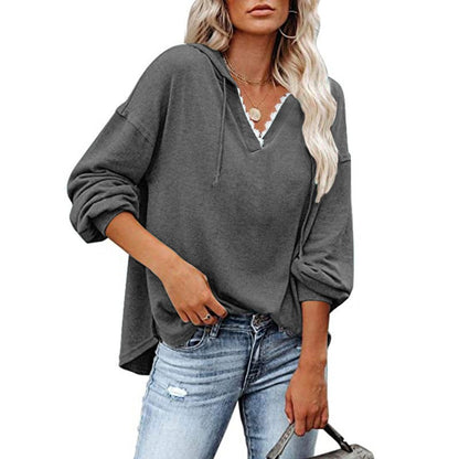 Sudadera de mujer con capucha, cuello en V de encaje y mangas largas