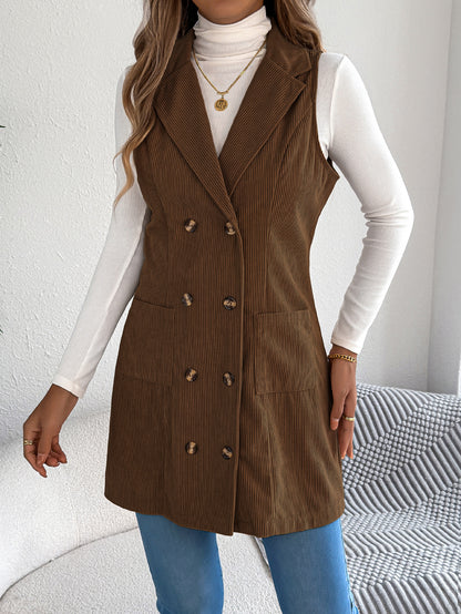 Veste-gilet longue en velours côtelé unie pour femme – Modèle décontracté à double boutonnage et poches, idéal pour jouer les superpositions