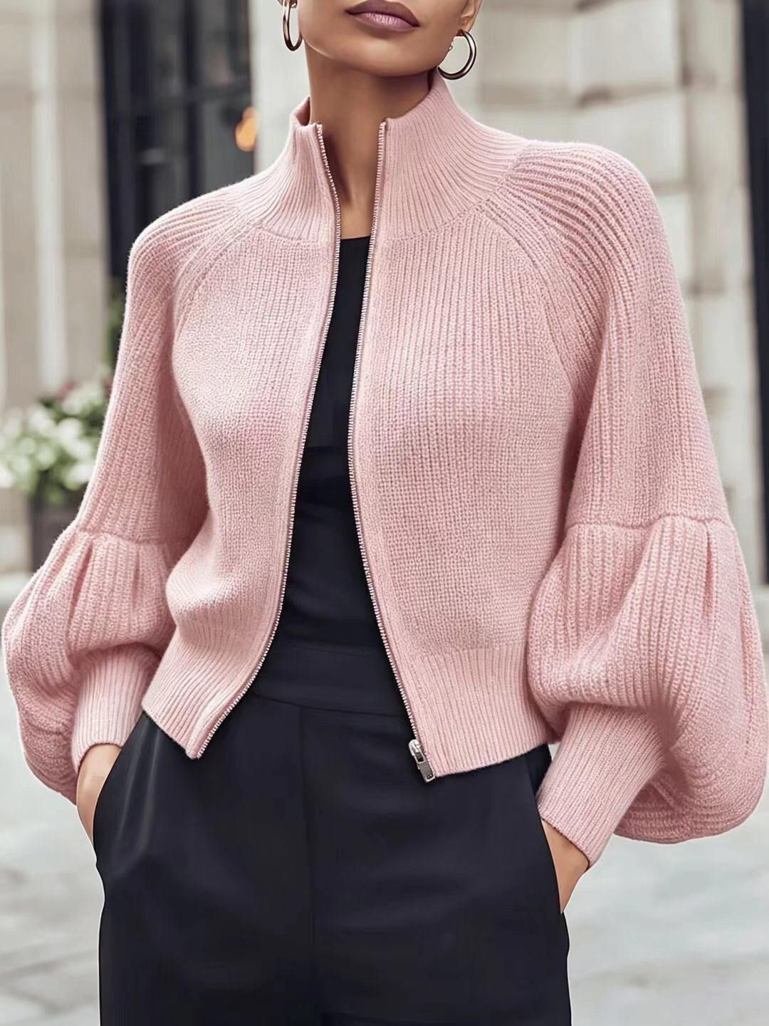 Women's fuzzy lantern-sleeve sweater - Soft and textured