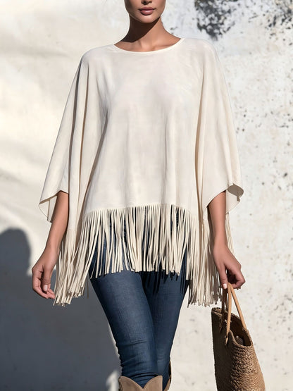 Chemisier femme ample col rond a franges - Fluide et original
