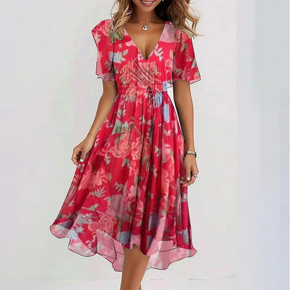 Robe Midi Femme Cache-Cœur à Fleurs – Style A-Line à Manches Courtes