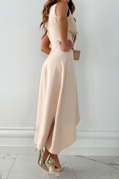 Robe Midi Cache-Cœur Sans Manches Femme – Col V et Ourlet Asymétrique