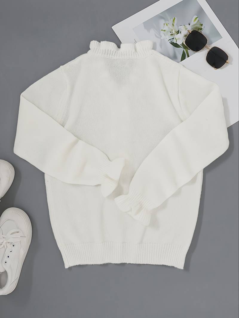 Pull blanc élégant à col en V pour femme – Détails à volants