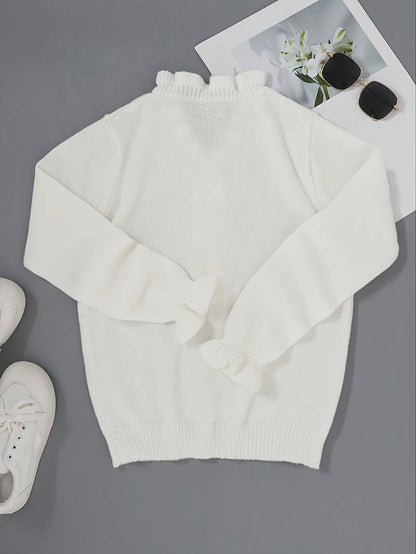 Pull blanc élégant à col en V pour femme – Détails à volants